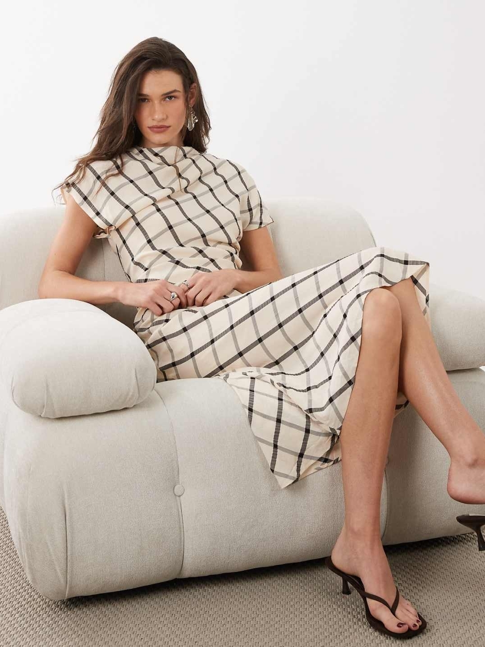 Mango cowl neck short sleeve midaxi dress in beige and black plaid